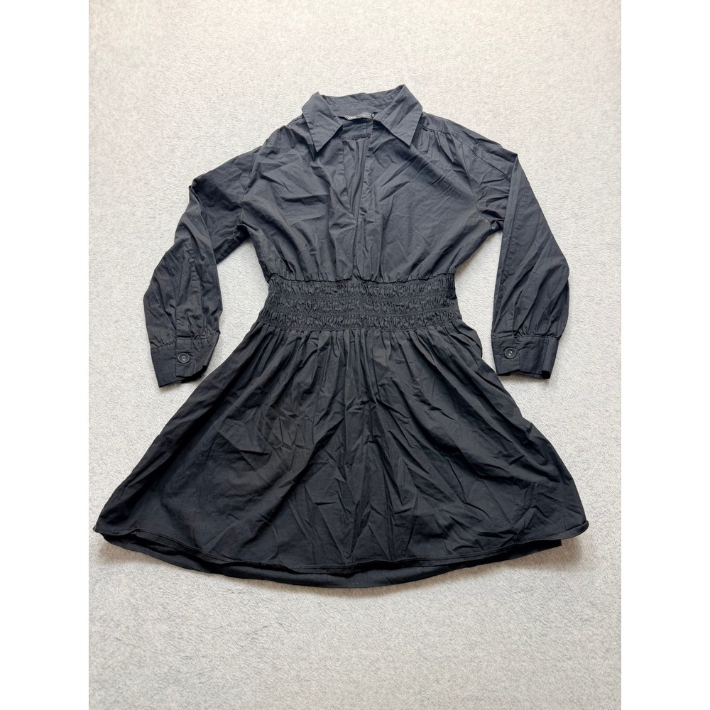 Zara Women Black Long Sleeve Smocked Waist Mini Shirt Dress Small V-Neck